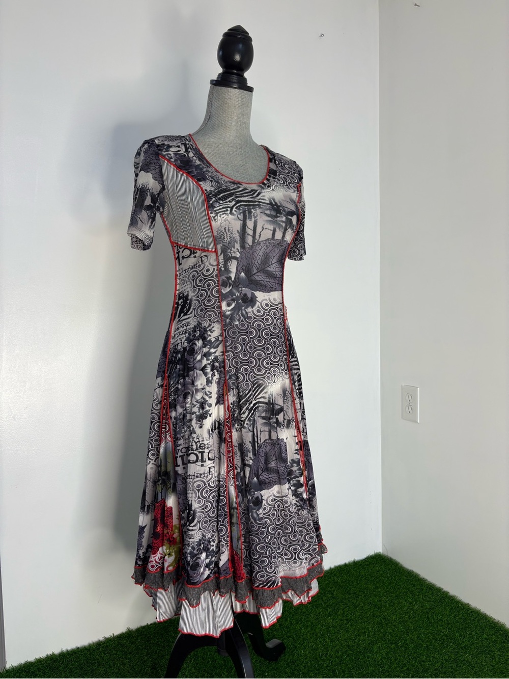 Printed Black & White Maxi Dress with Red Trim